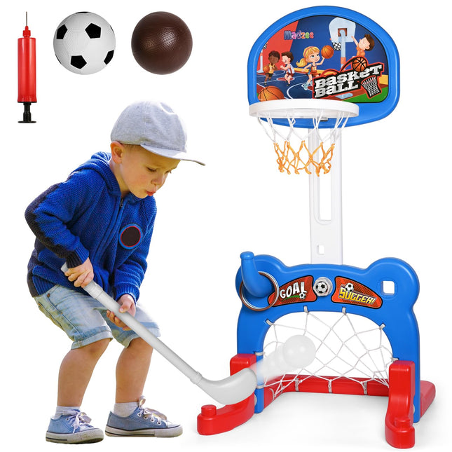 Madzee 4-in-1 Kids Basketball Hoop, Sports Activity Center, Basketball, Soccer, Hockey, Ring Toss Game Playset, Ideal Indoor and Outdoor Sports Activity Center for Boys Girls Toddlers