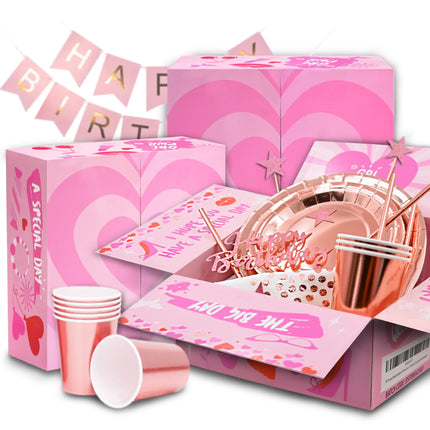 Party spot! 135 Pcs Birthday Decorations For Women, Rose Gold Party Decorations, Happy Birthday Decorations - Balloon Stand Kit, Tableware Kit,Pump, Banner, Tassel Curtain,Balloon, For 12 Guests