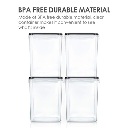 Vtopmart 4 Pcs Large Pantry Food Storage Containers 5.2L, 176oz, Plastic Airtight Kitchen Organizers and Storage for Flour, Cereal, and Pasta with 4 Measuring Cups and 24 Labels, Black