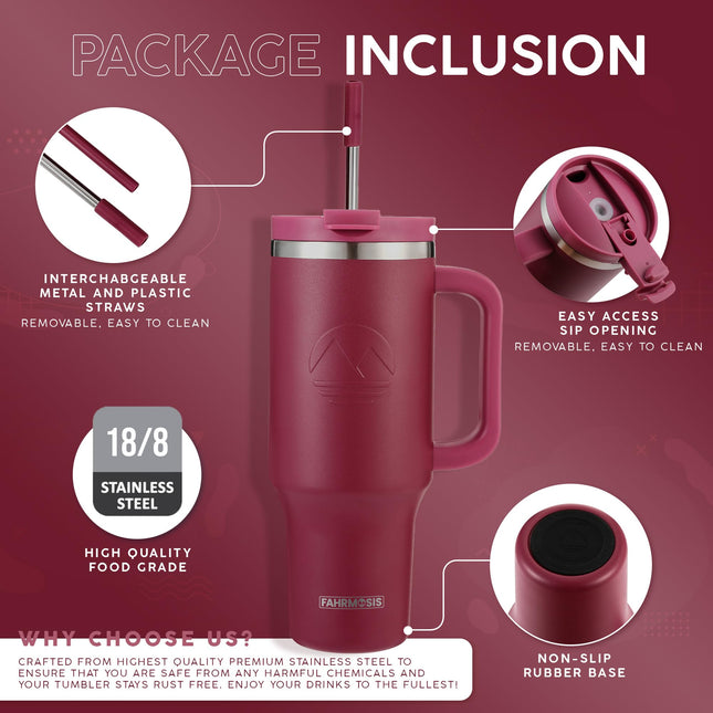FAHRMOSIS 40 Oz Tumbler with Handle and Straw Insulated Cup That Fits in Cup Holder for Hot & Cold Drinks Leak Proof Tumbler with Straw Stainless Steel Travel Mug for Men & Women - Red