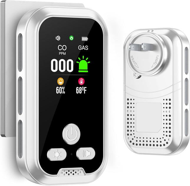 Gedsffati 4in1 Plug in Carbon Monoxide Alarm & Combustible Natural Gas Alarm Combination Detector Builti-in Backup Battery HD Screen [ CO Gas Temp Humidity Sensor] for Home Indoor