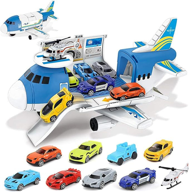 Kids Airplane Toys Transport Cargo Play Kit, Aircraft Vehicle Toys Big Transport Cargo with 8 Mini Cars and Helicopter, Kids Birthday T55