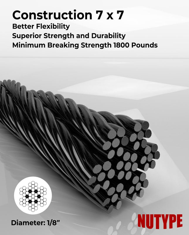 1/8" T316 Stainless Steel Cable, Electroplated Black Aircraft Cable for Deck Railing, 7x7 Strand Core, 250FT, Come with Cutter