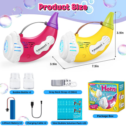 Horn Bubble Machine Gun for Kids: 2 Pack Automatic/Blowing Mode Bubble Maker Blower Blaster Toys with 20 Refill Solutions, Music Function, Summer Outdoor Toys Birthday Gifts for Toddlers Ages 3-8