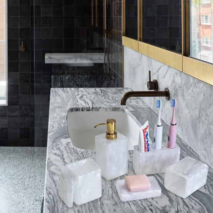 Suanti Bathroom Accessory Sets,5 pcs White Bathroom Decor Sets with Lotion Dispenser, Soap Dish, Tumbler, Toothbrush Holder, Q Tip Holders