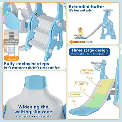 EAQ 4-in-1 Slide and Swing Set with Climber and Basketball Hoop,Play Climber Slides Playset for Indoor & Backyard ，Gifts for Toddlers(Blue)