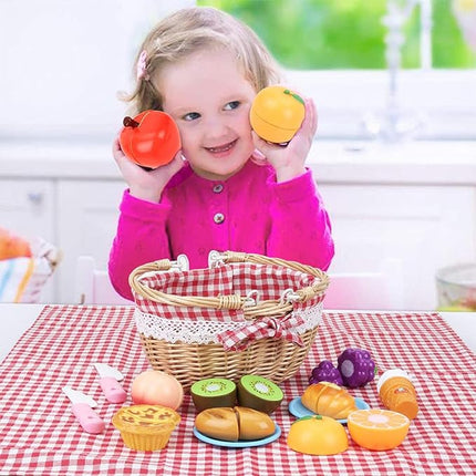 19 PCS Pretend Cutting Food Toys with Dessert and Fruit,Play Food Set with Picnic Basket and Mat,Play Kitchen Toys Playset for Children,Educational Toys T16