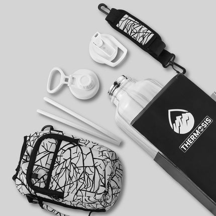 Thermosis 64oz Insulated Stainless Steel Water Bottle with Straw & Holder Strap & 2 Lids, White Marble