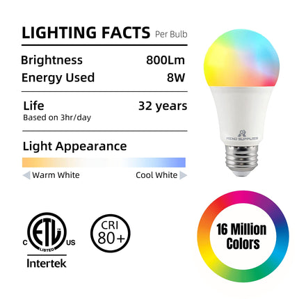 Reno 6-Pack A19, 8W, RGBW Color Changing Light Bulbs with App Control, 800 LM, Voice Control, Works with Google Assistant, 2.4G WiFi