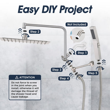 PDPBath All Metal Rain Shower Head with Handheld Built-in High Pressure Wash Mode, 12'' Rainfall Shower Head with Adjustable Z-shaped Extension Arm, Adjustable Brass Bracket, 79" Hose, Brushed Nickel