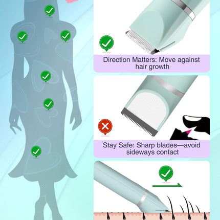 AREYZIN Women's Waterproof Wet & Dry Use Rechargeable Electric Razor Trimmer for Bikini, Legs, Pubic Hair with Snap-in Ceramic Blades IP7X Washable Head, Green