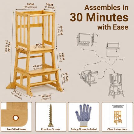 COSYLAND Baby and Toddler Step Stool Kitchen Nursery Helper Stand with Safety Rail in Natural Bamboo, Strong and Lightweight Toddler Kitchen Stool Helper - Natural