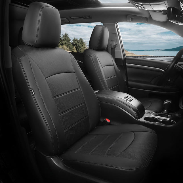 FEINEPRO Highlander Seat Covers for Toyota Highlander 2014 2015 2016 2017 2018 2019 7 Seats Full Set Faux Leather, 3-Row Second Row Captain's Chairs, Car Seat Protectors Accessories - Black