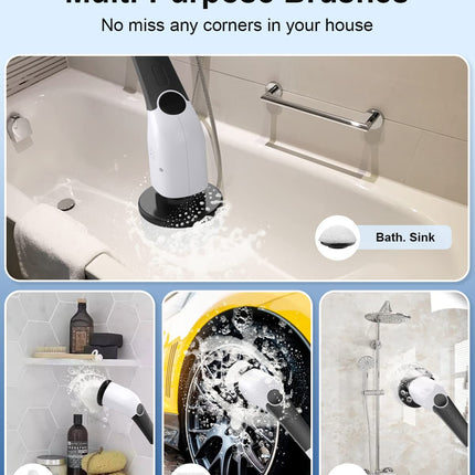 YKYI Electric Cordless Cleaning Spin Scrubber Brush with 8 Replaceable Brush Heads & Adjustable Extension Handle & 3 Rotating Speeds, ANS-8051B