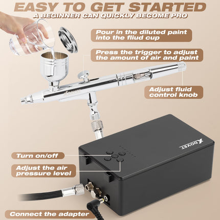 XDOVET Professional 55psi Airbrush Kit Multi-Function Dual-Action Airbrush Air Compressor Gun for Shoe, Clothing, Model Tattoo, Nail Design Art, Drawing Cake Decorations