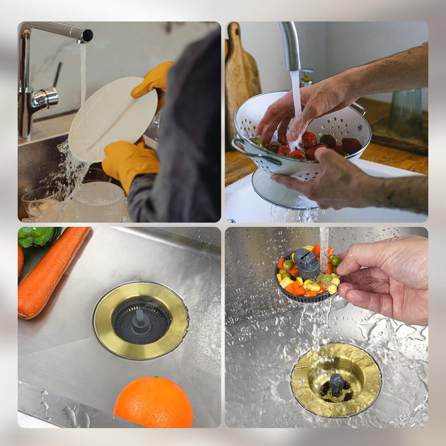 Hibbent 2 Pack Stainless Steel 3-in-1 Sink Drain Strainer and Stopper Combo, Metal Pop Up, 3 Anti-Clogging with Handle 3-1/2" Drain, Brushed Gold