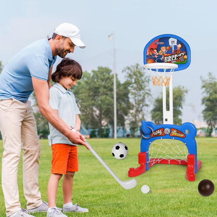 Madzee 4-in-1 Kids Basketball Hoop, Sports Activity Center, Basketball, Soccer, Hockey, Ring Toss Game Playset, Ideal Indoor and Outdoor Sports Activity Center for Boys Girls Toddlers