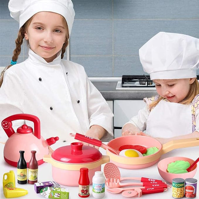 28 PCS Kids Kitchen Toy with Foods,Pretend Cooking Set for Children,Cookware Playset with Pots,Pans,Cooking Utensils and Food Accessories,Educational Gifts T50