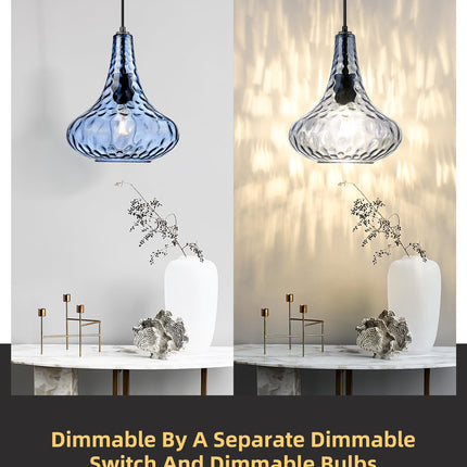 AUTELO Blue Pendant Lights Kitchen Island, 10" Hammered Glass Pendant Lights, Modern Pendant Light Fixtures in Matte Black Finish, Hanging Lamp for Dining Room, Kitchen Sink, H9164 BU