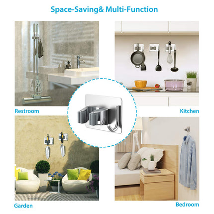 homeasy 4PCS Self Adhesive Stainless Steel Mop Broom Holder Organizer with Hooks, Grey