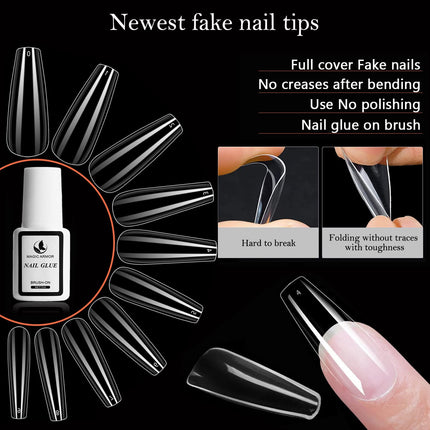 MAGIC ARMOR Coffin Nail Tips Clear nail tips with glue for Press on Nails Ballerina Nails 10 Sizes Full cover fake nails with nail glue nail files nail clippers for DIY Nail Art Extension