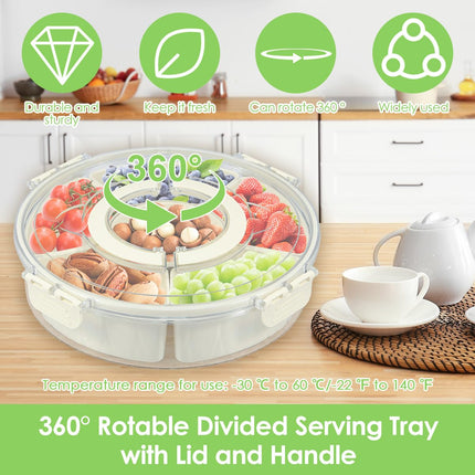 Divided Rotating Serving Tray with Lid and Handle, Container for Fruits Snacks Veggie Charcuterie, Snack Spinner Organizer, Snack Trays Serving Tray with Lid (1)