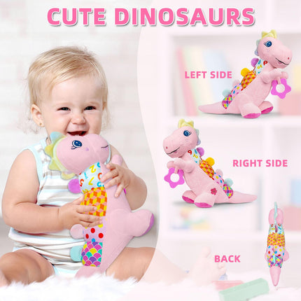 Baby Sensory Dino Musical Stuffed Animal Toys for 0-3-6-9-12 Months，Infant Dinosaur Tummy Time Toys with Crinkle Sound Paper，Teether，Textures & Rattles for Newborn Boys Girls Birthday Gifts，Pink
