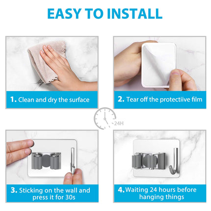 homeasy 4PCS Self Adhesive Stainless Steel Mop Broom Holder Organizer with Hooks, Grey