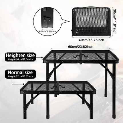 NQEUEPN Folding 2ft Metal Collapsible Camping Table Grill Table Height Adjustable Lightweight & Portable Grill Stand Table with Mesh Desktop for Outdoor Picnic BBQ Camping Beach RV