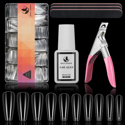 MAGIC ARMOR Coffin Nail Tips Clear nail tips with glue for Press on Nails Ballerina Nails 10 Sizes Full cover fake nails with nail glue nail files nail clippers for DIY Nail Art Extension