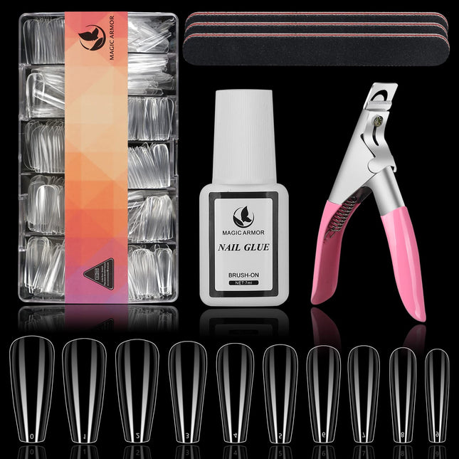 MAGIC ARMOR Coffin Nail Tips Clear nail tips with glue for Press on Nails Ballerina Nails 10 Sizes Full cover fake nails with nail glue nail files nail clippers for DIY Nail Art Extension
