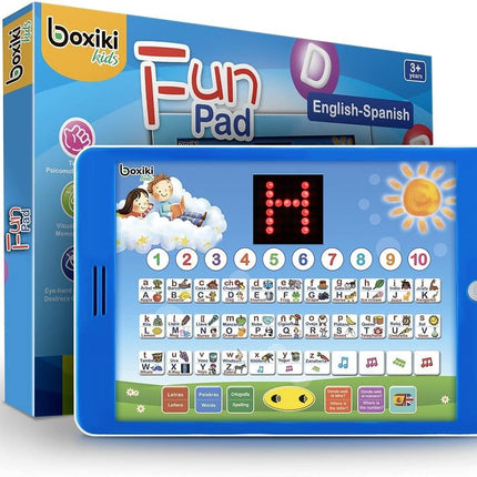 English and Spanish Bilingual Learning Tablet Toy with Small LED Screen by Boxiki Kids | ABC, Animals, Fruit and Other Words | Learning Toys for 3 Year olds and Above
