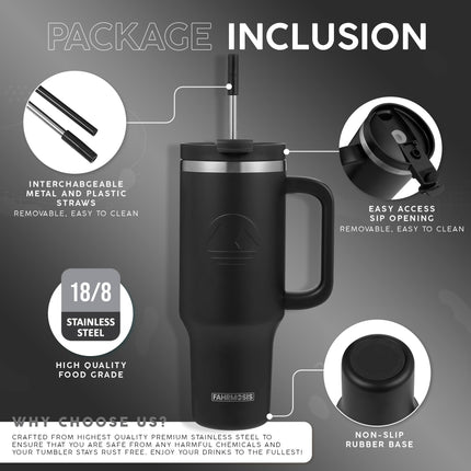FAHRMOSIS 40oz insulated Hot n Cold Stainless Steel Tumbler with Handle and Straw, BLACK