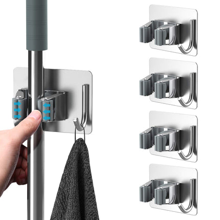 homeasy 4PCS Self Adhesive Stainless Steel Mop Broom Holder Organizer with Hooks, Grey