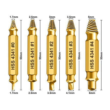 HSS 4341 Damaged Screw Extractor Set, 5-Piece Double-Ended Drill Bits for Stripped Screws and Bolts, 2-14mm Range, Gold Titanium