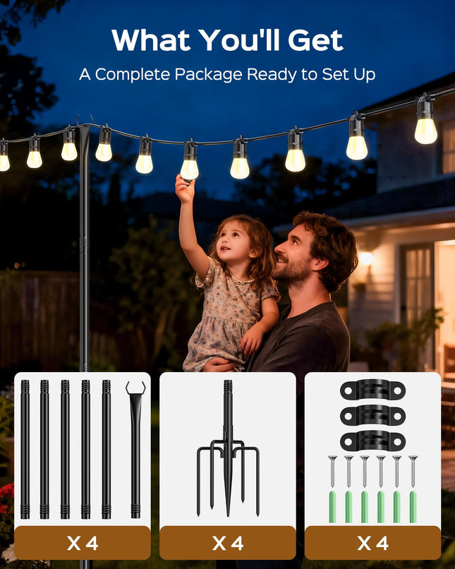 JACKYLED 4 Pack 10Ft String Light Poles,Light Poles for Outdoors with Fence Brackets,Outdoor Light Poles for Hanging String Lights,Metal Poles Stand for Deck Patio Backyard