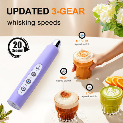 YUSWKO Handheld Milk Frother Wand for Coffee, Rechargeable Electric Whisk with 3 Heads 3 Speeds Drink Mixer Coffee Frother for Latte, Cappuccino, Hot Chocolate, Egg