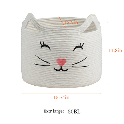 ZLG Cat Face Cotton Rope Gift Wicker Basket Hamper wicker for Toys Towels (white)