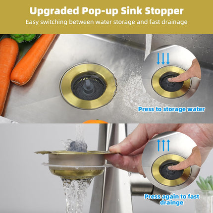 Hibbent 2 Pack Stainless Steel 3-in-1 Sink Drain Strainer and Stopper Combo, Metal Pop Up, 3 Anti-Clogging with Handle 3-1/2" Drain, Brushed Gold