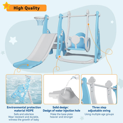 EAQ 4-in-1 Slide and Swing Set with Climber and Basketball Hoop,Play Climber Slides Playset for Indoor & Backyard ，Gifts for Toddlers(Blue)