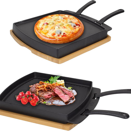 Reversible Sizzling Plate & Wooden Base for Oven,BBQ,Stove,Outdoor Cooking | Cast Iron Steak Plates with Removable Handle for Pizza Oven,BBQ,Stove top,Skillet Plates for Outdoor Cooking,Dual-Sided 14.5"X13"