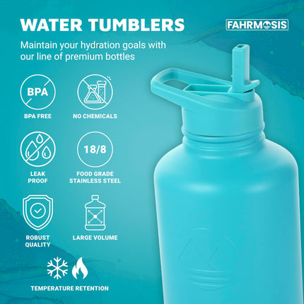 FAHRMOSIS 64oz Insulated Stainless Steel Sports Water Bottle with Strap 3 Lids (straw, Chug and Flip Lid, TEAL