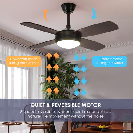Asyko Black Ceiling Fans with Lights and Remote, 42" Modern Low Profile Ceiling Fan with App and Dimmable, Farmhouse Fan for Indoor/Outdoor Covered Patios