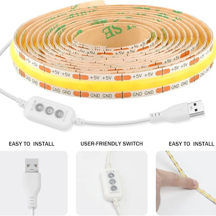 QIGE USB COB LED Strip Lights 4.92ft/1.5m,5V 480LEDs 1200lm Dimmable COB LED Light Strip 5000K Daylight White CRI90 USB TV Backlight,Flexible Under Cabinet Tape Light for Bedroom,Kitchen,Home DIY Lighting