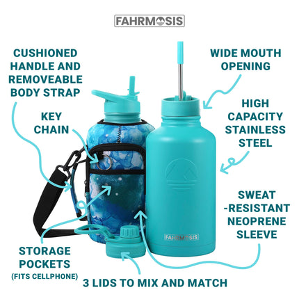 FAHRMOSIS 64oz Insulated Stainless Steel Sports Water Bottle with Strap 3 Lids (straw, Chug and Flip Lid, TEAL