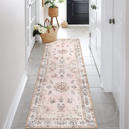 Lahome Boho Pink Runner Rugs for Hallway, 2'6"x8 Washable Floral Kids Girls Kitchen Bathroom Runner Rug for Laundry Mat, Non Slip Indoor Carpet Runners for Bedroom Floor Entryway, Peach