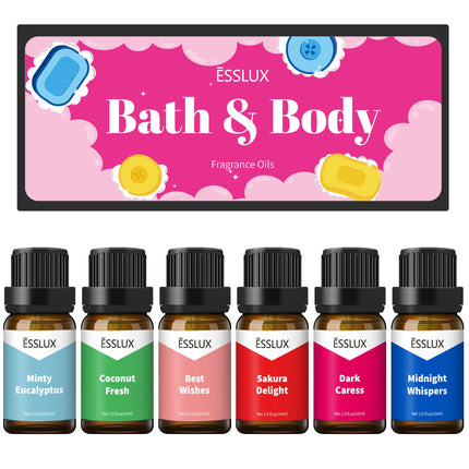ESSLUX 6PC Bath & Body Scented Essential Oils Aromatherapy Oils Gift Set for Diffusers - Coconut Fresh, Minty Eucalyptus, and More