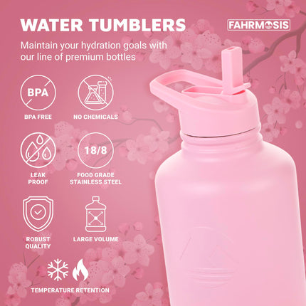 FAHRMOSIS 64oz Insulated Stainless Steel Water Bottle with 3 Lids (Straw, Chug and Flip Lid), Pink Solid