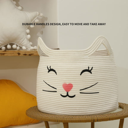 ZLG Cat Face Cotton Rope Gift Wicker Basket Hamper wicker for Toys Towels (white)