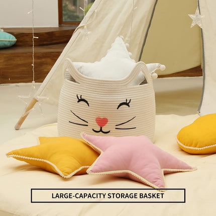 ZLG Cat Face Cotton Rope Gift Wicker Basket Hamper wicker for Toys Towels (white)